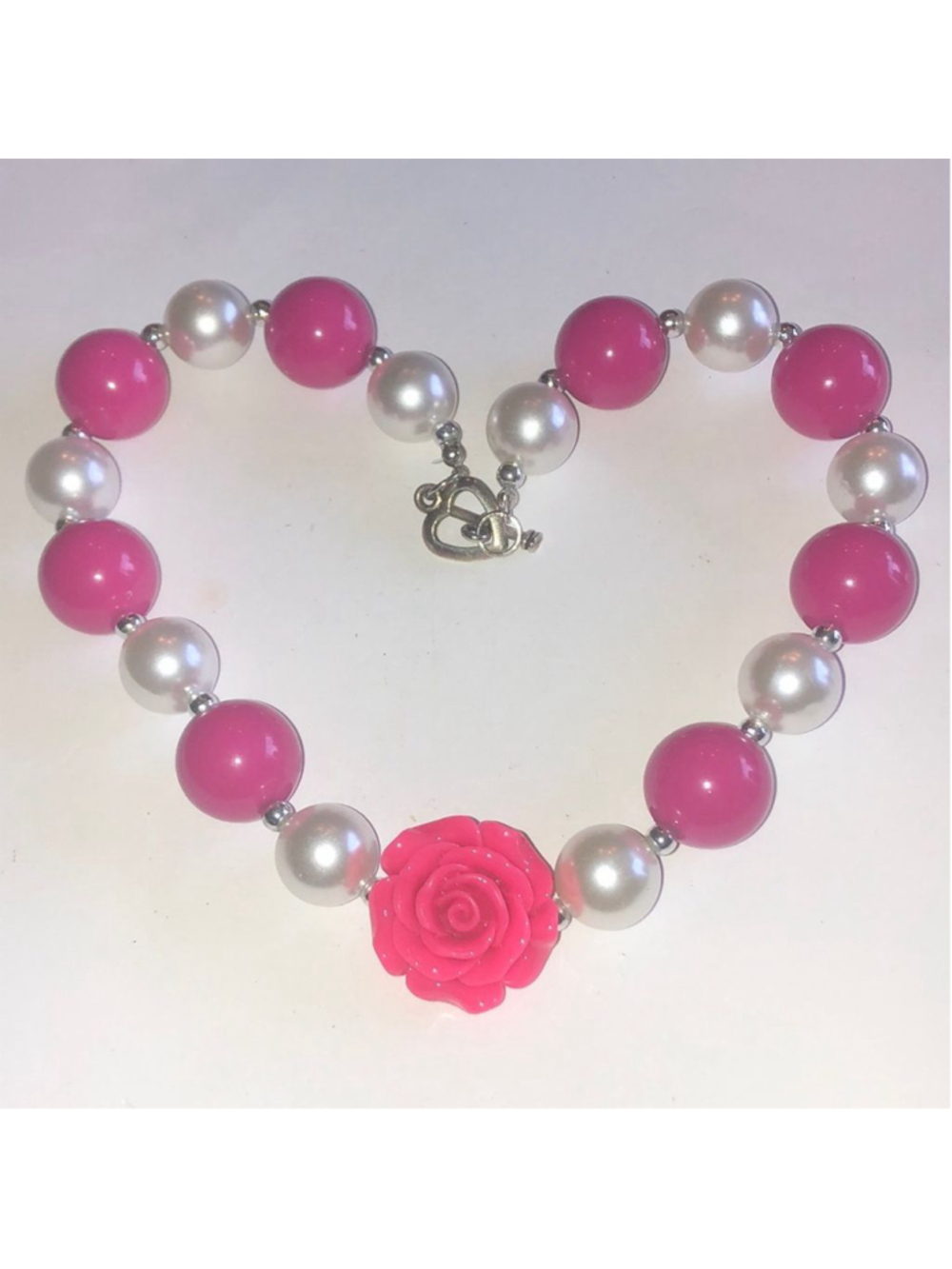 White Faux Pearl Pink Beaded 3D Resin Flower Floral Boho Necklace